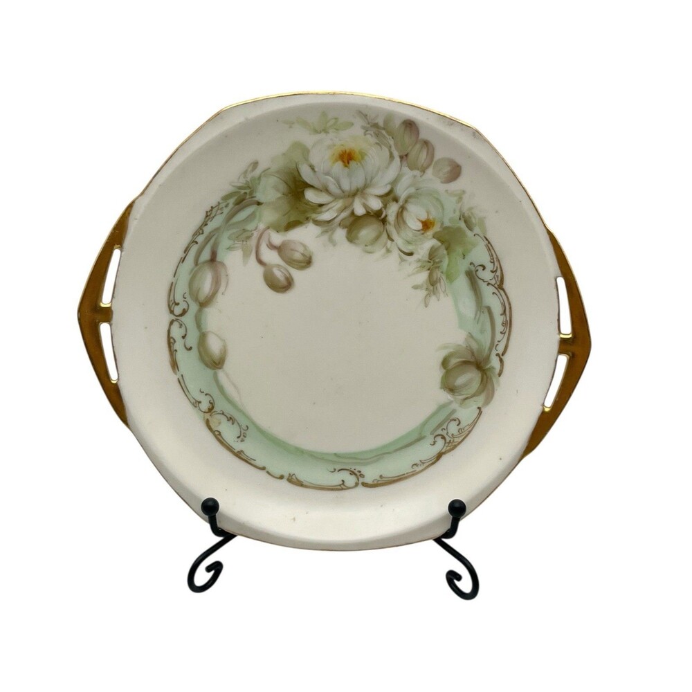 Antique MZ Austria 6.5” Porcelain Plate Floral White Gold Trim Pierced Handles